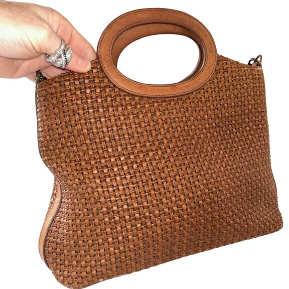 fossil brown basket weave woven leather cross body convertible hand bag … - Picture 1 of 6
